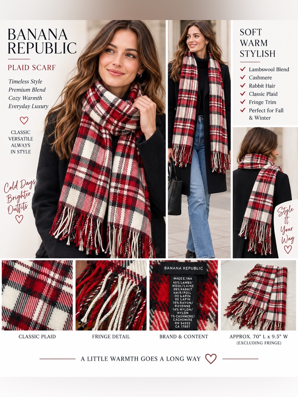 Banana Republic Lambswool Rabbit Hair Cashmere Plaid Scarf Red Fringe 70"